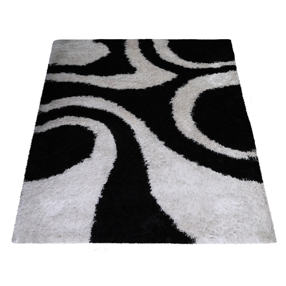 Hand Tufted Shag Polyester Area Rug Contemporary Black White Etsy