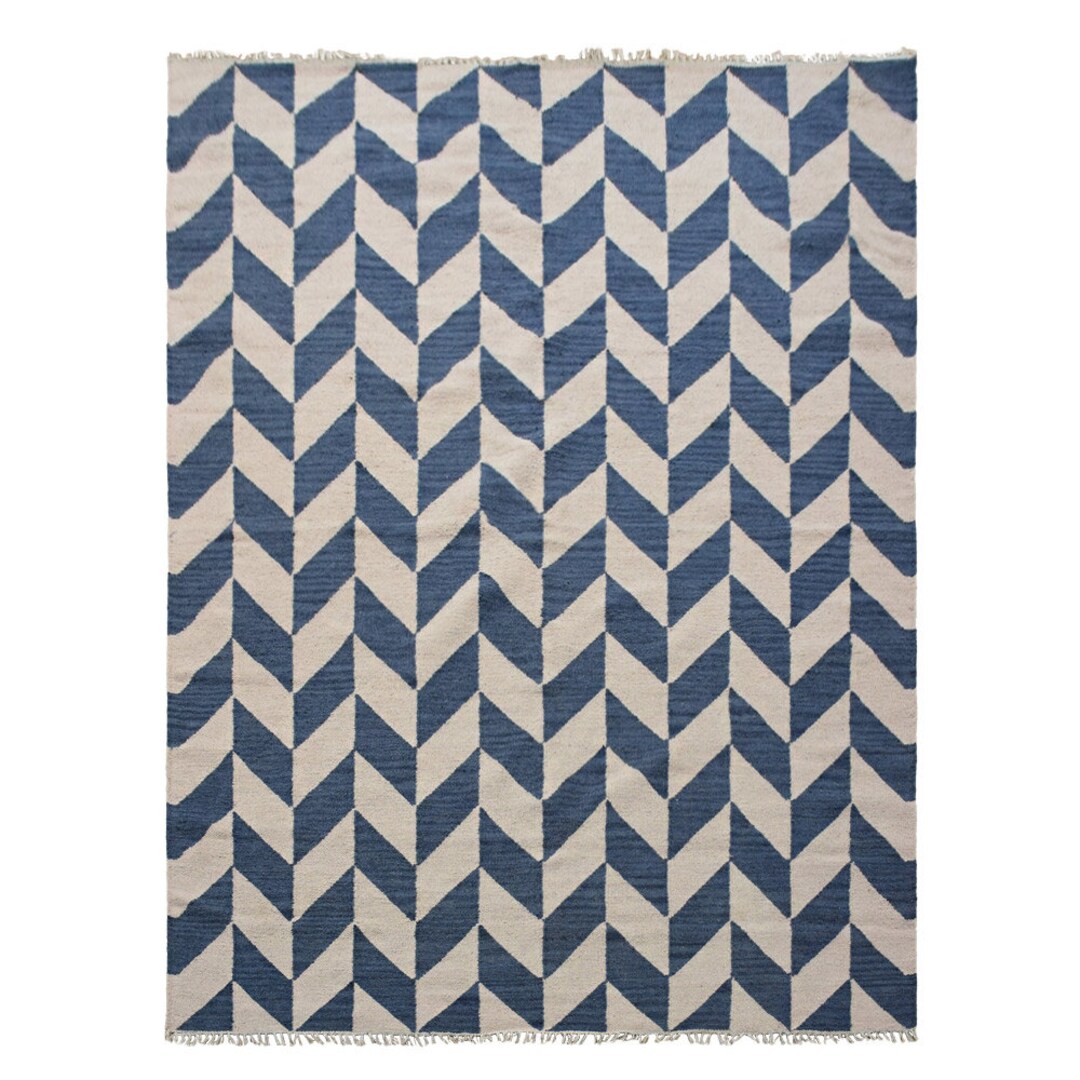 Hand Woven Flat Weave Kilim Wool Area Rug Contemporary Blue Etsy