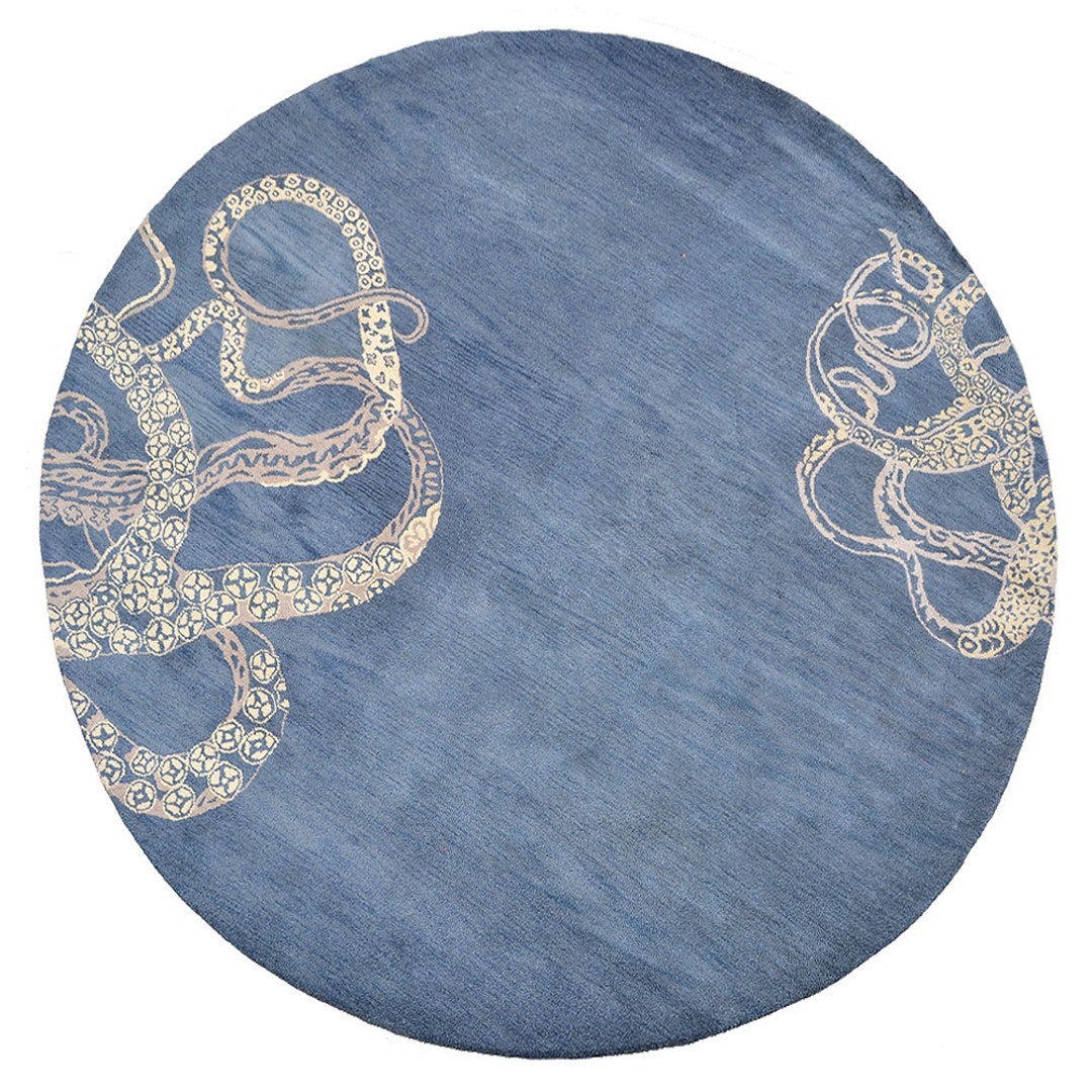 Hand Tufted Wool Round Area Rug Contemporary Blue Beige BBH Homes