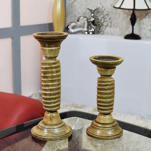 Handmade Wood Eco-friendly Traditional Medium Polish Set Of Two Pillar Candle Holder For Indoor Use