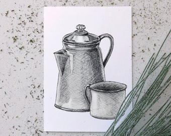 original 4x6 coffee tea stain ink drawing on paper Read All About It