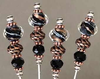 cocktail picks - food picks - sparkle copper/black swirl glass with copper & silver metal accents - food grade stainless steel - set of 4