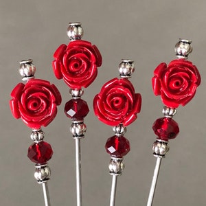 cocktail picks - food picks - red stone rose with clear red glass and silver metal accents - food grade stainless steel - set of 4