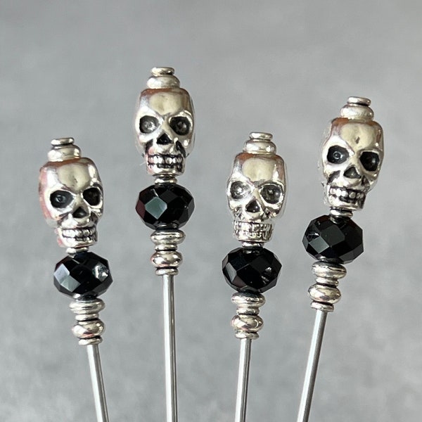 cocktail picks - food picks - antiqued silver skull w/black glass and silver plated metal accents - food grade stainless steel - set of 4