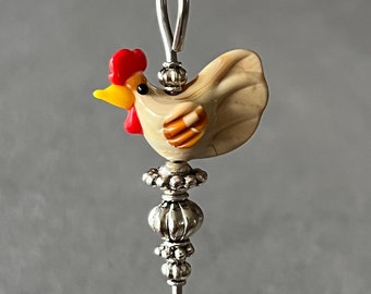 cake tester - cookie scribe - kitchen hen/chicken/rooster - glass and silver metal accents - food grade stainless steel - with magnetic hook