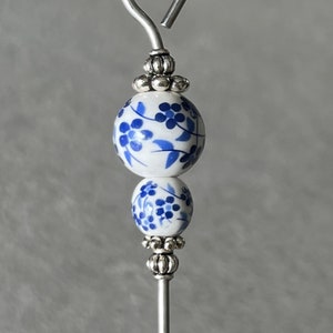 cake tester - cookie scribe - blue flowers ceramic beads and silver  plated metal beads - food grade stainless steel - with magnetic hook