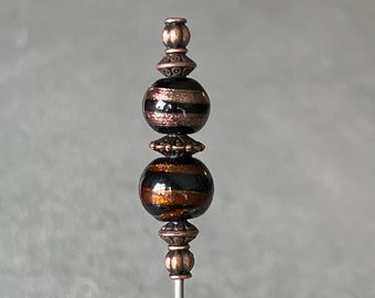 single individual pick - cocktail pick - cigar pick - scribe - black sparkle swirl glass w/antique copper metal - food grade stainless steel