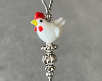 cake tester - cookie scribe - kitchen hen/chicken/rooster - glass and silver metal accents - food grade stainless steel - with magnetic hook