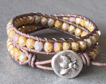 wrap bracelet beaded leather - honey bee jewelry - iridescent yellow Czech glass crystals - natural gray leather - artisan bee metal button