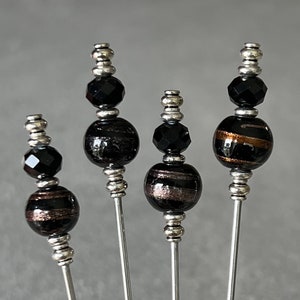 cocktail picks - food picks - black sparkle swirl glass w/antique copper metal beads - food grade stainless steel - set of 4