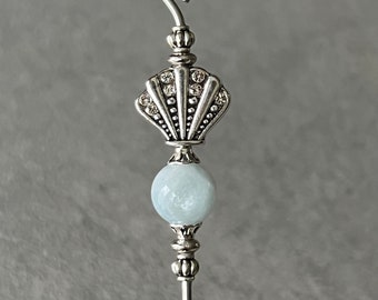 cake tester - cookie scribe - seashell - aquamarine gemstone w/antiqued silver plated metal - food grade stainless steel - w/magnetic hook
