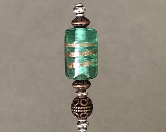 single individual pick - cocktail pick - cigar pick - scribe - green swirl lampglass w/antique copper accents - food grade stainless steel