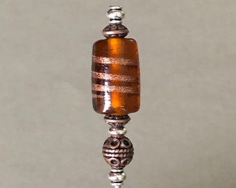single individual pick - cocktail pick - cigar pick - scribe - brown swirl lampglass w/antique copper accents - food grade stainless steel