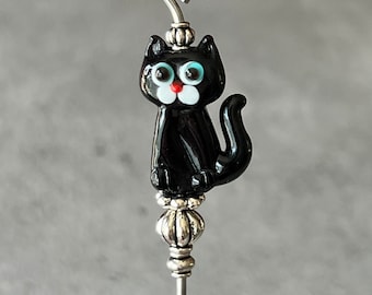 cake tester - cookie scribe - sitting black cat glass figure with silver plated metal accents - food grade stainless steel - w/magnetic hook