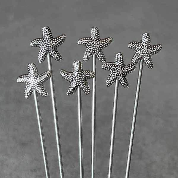 cocktail picks - food picks - garnish picks - ocean life starfish  - antiqued silver plated metal - food grade stainless steel - set of 6