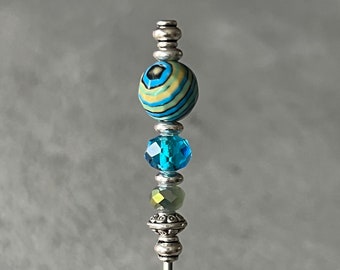 single individual pick - cocktail pick - cigar pick - scribe - stone and glass w/silver metal accents - food grade stainless steel
