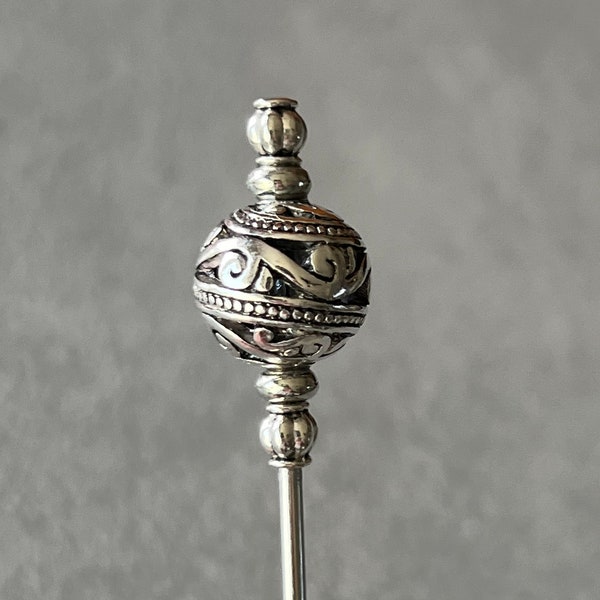 swizzle stick - drink stirrer - barware - silver plated metal filigree sphere w/antiqued silver plated accents - food grade stainless steel