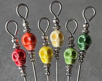 cake tester - cookie scribe - multi-color ceramic skull with silver plated metal accents - food grade stainless steel - w/magnetic hook