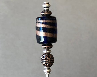 single individual pick - cocktail pick - cigar pick - scribe - blue swirl lampglass with antique copper accents - food grade stainless steel