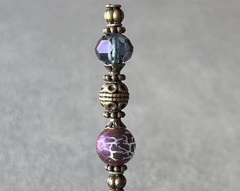 single individual pick - cocktail pick - cigar pick - scribe - purple crackle glass with antique gold accents - food grade stainless steel