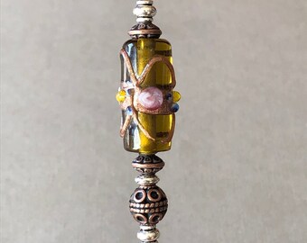 single individual pick - cocktail pick - cigar pick - scribe - multi-color lampglass w/antiqued copper accents - food grade stainless steel