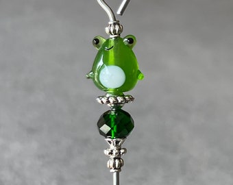cake tester - cookie scribe - green frog lampwork glass with glass & silver metal accents - food grade stainless steel - w/magnetic hook
