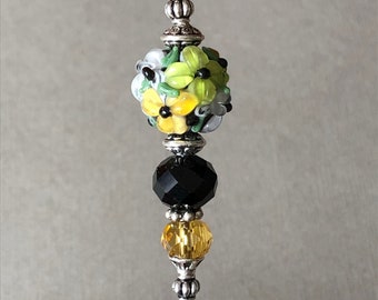 cake tester - cookie scribe - black & yellow floral lampwork glass with silver accents - food grade stainless steel - w/magnetic hook
