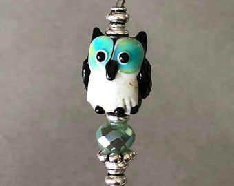 cake tester - cookie scribe - owl lampglass figure & aqua glass with silver accents - food grade stainless steel - w/magnetic hook