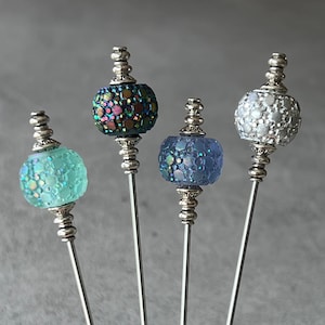 cocktail picks - food picks - iridescent blue & silver sparkle acrylic w/silver metal accents - food grade stainless steel - set of 4