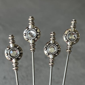 cocktail picks - food picks - antiqued silver metal with rhinestone - food grade stainless steel - set of 4