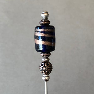 single individual pick - cocktail pick - cigar pick - scribe - blue swirl lampglass with antique copper accents - food grade stainless steel
