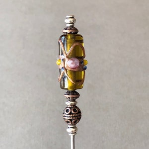 single individual pick - cocktail pick - cigar pick - scribe - multi-color lampglass w/antiqued copper accents - food grade stainless steel