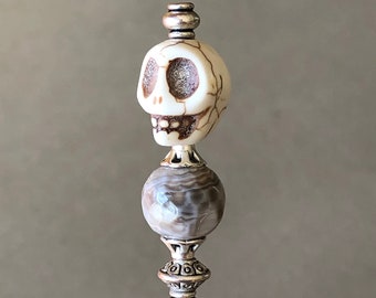 single individual pick - cocktail pick - cigar pick - scribe - stone skull & fire agate w/silver plated accents - food grade stainless steel