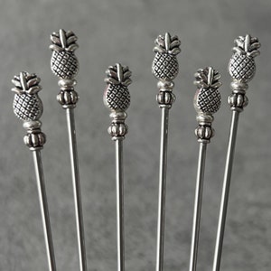 cocktail picks - food picks - garnish picks - tiny tiki pineapples - antiqued silver plated metal - food grade stainless steel - set of 6