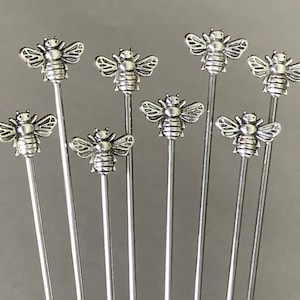 cocktail picks - food picks - garnish picks - honey bee - antiqued silver plated metal - food grade stainless steel - set of 8