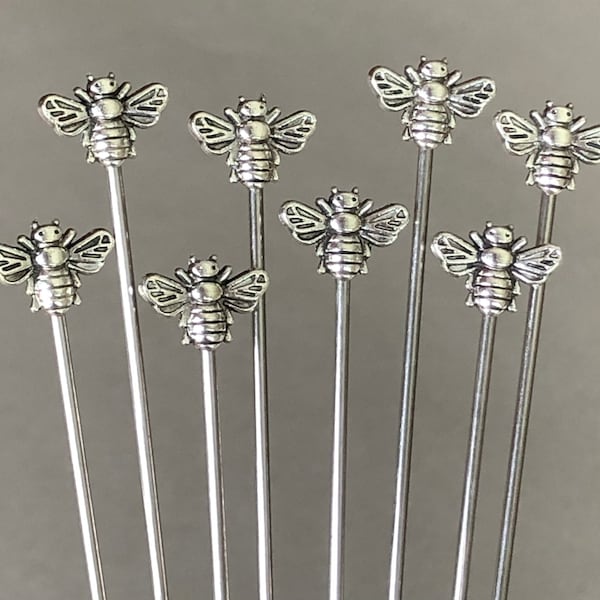 cocktail picks - food picks - garnish picks - honey bee - antiqued silver plated metal - food grade stainless steel - set of 8