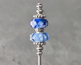 swizzle stick - drink stirrer - coffee stirrer - blue glass w/antiqued silver plated metal accents - food grade stainless steel