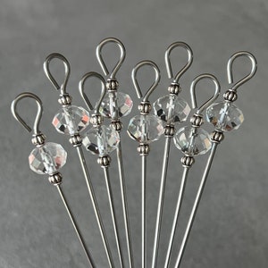 cocktail picks - food picks - faceted clear glass crystal w/antiqued silver metal accents - food grade stainless steel - set of 8