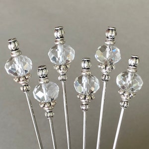 cocktail picks - food picks - faceted clear glass crystal with antiqued silver plated metal accents - food grade stainless steel