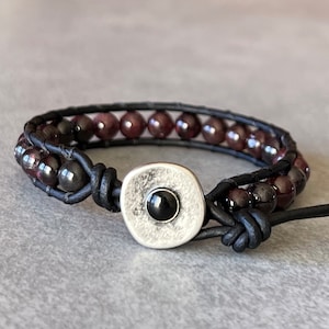 wrap bracelet beaded leather - gemstone bracelet- gemstone jewelry - Chinese garnet stone on soft black leather - pewter metal button