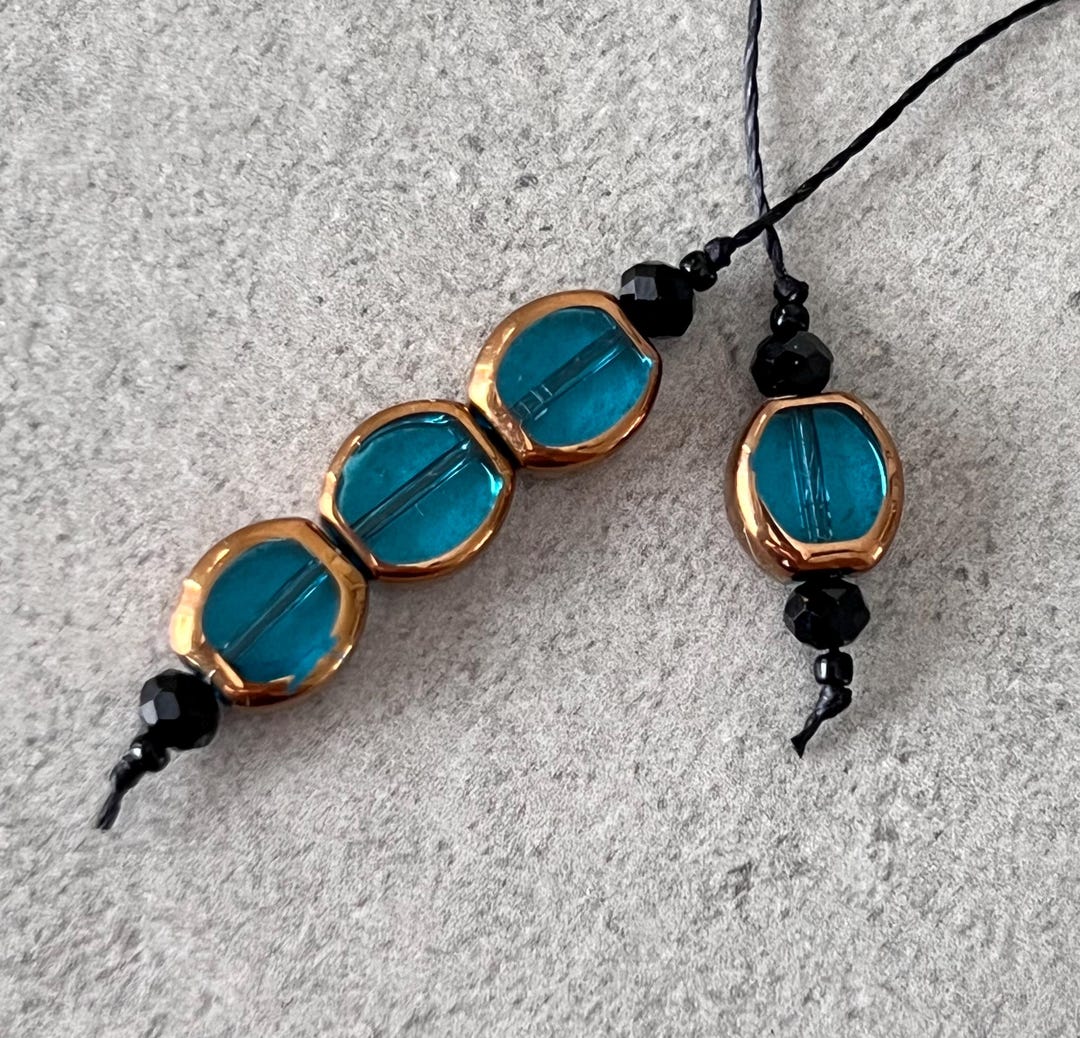 Beaded String Bookmark - Thong Bookmark - Aqua Blue Glass With Metallic ...