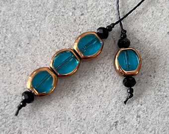 beaded string bookmark - thong bookmark - aqua blue glass with metallic gold detail on black cord