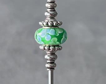 swizzle stick - drink stirrer - coffee stirrer - green & blue floral glass w/silver plated metal accents - food grade stainless steel