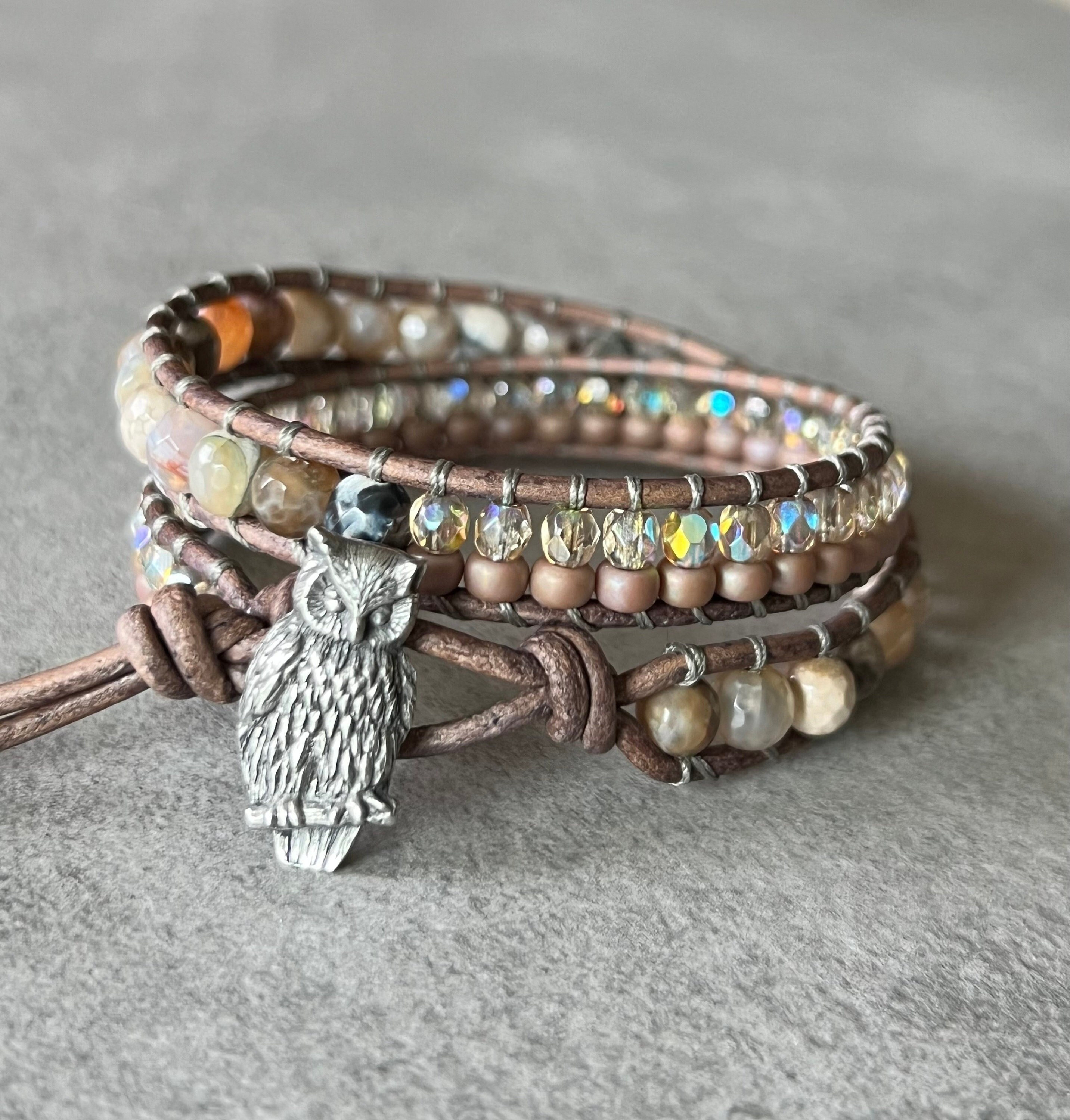 wrap bracelet beaded leather - owl jewelry - miyuki glass/iridescent crystals/agate gemstone - natur