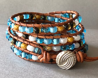 wrap bracelet beaded leather - mixed turquoise, golden brown and pearl Czech glass on brown leather - antiqued metal swirl button