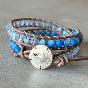 wrap bracelet beaded leather - sand dollar jewelry - blue shell beads and Czech glass crystals - natural gray leather - artisan metal button