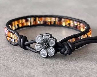 wrap bracelet beaded leather - seed bead bracelet - flower jewelry - colorful Czech glass beads on soft black leather - pewter metal button