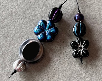 beaded string bookmark - thong bookmark - flower bookmark - black/silver/blue/purple Czech glass on black cord