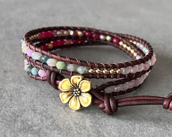wrap bracelet beaded leather - flower jewelry - flower bracelet - mixed iridescent glass - brown leather - bright gold tone metal button