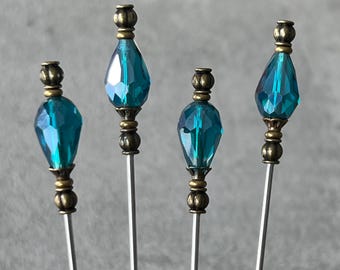 cocktail picks - food picks - dark aqua teardrop glass with antiqued gold toned metal accents - food grade stainless steel - set of 4